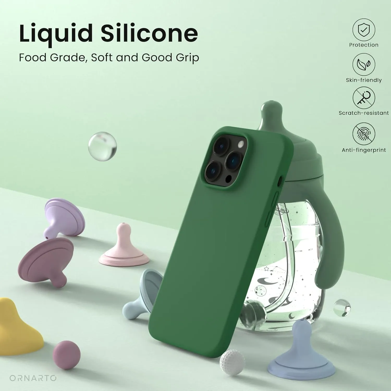ORNARTO Compatible with iPhone 14 Pro Case 6.1, Slim Liquid Silicone 3 Layers Full Covered Soft Gel Rubber Phone Case Protective Cover with Microfiber Lining 6.1 inch-Clover Green