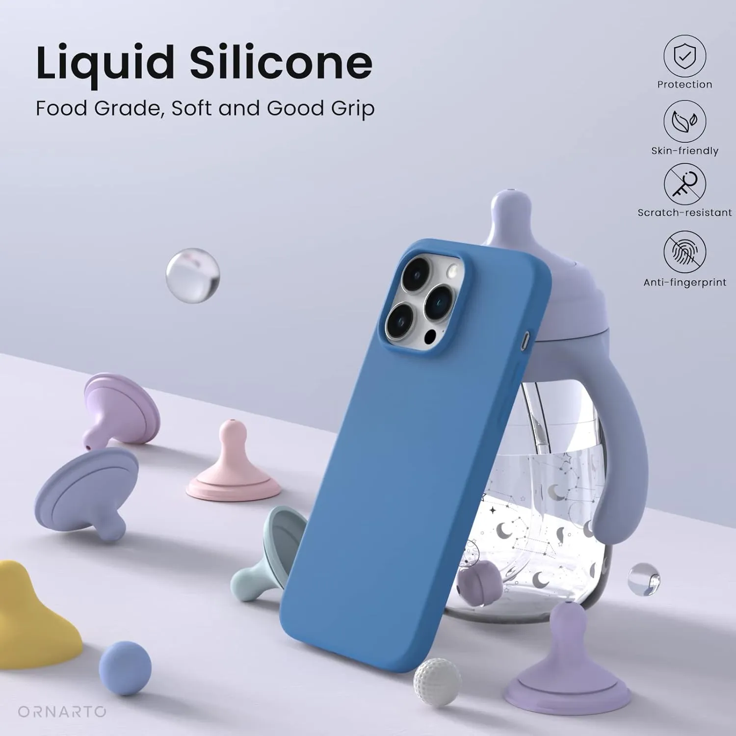 ORNARTO Compatible with iPhone 14 Pro Max Case 6.7, Slim Liquid Silicone 3 Layers Full Covered Soft Gel Rubber Phone Case Protective Cover with Microfiber Lining 6.7 inch-Blue