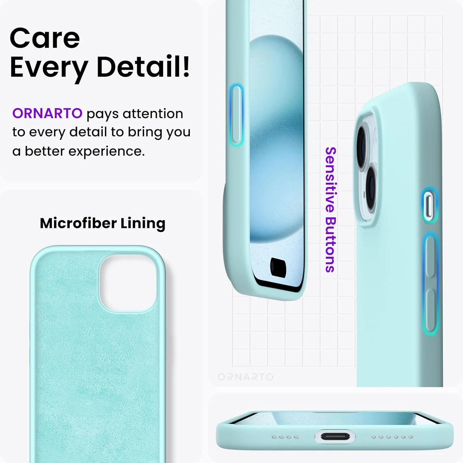 ORNARTO Compatible with iPhone 15 Plus Case 6.7", Slim Liquid Silicone 3 Layers Full Covered Soft Gel Rubber Cover Protective Phone Case with Anti-Scratch Microfiber Lining-Aqua Blue