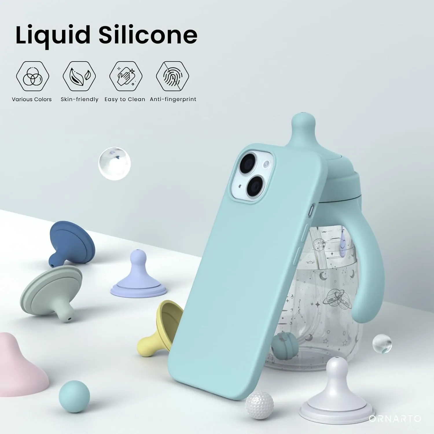 ORNARTO Compatible with iPhone 15 Plus Case 6.7", Slim Liquid Silicone 3 Layers Full Covered Soft Gel Rubber Cover Protective Phone Case with Anti-Scratch Microfiber Lining-Aqua Blue