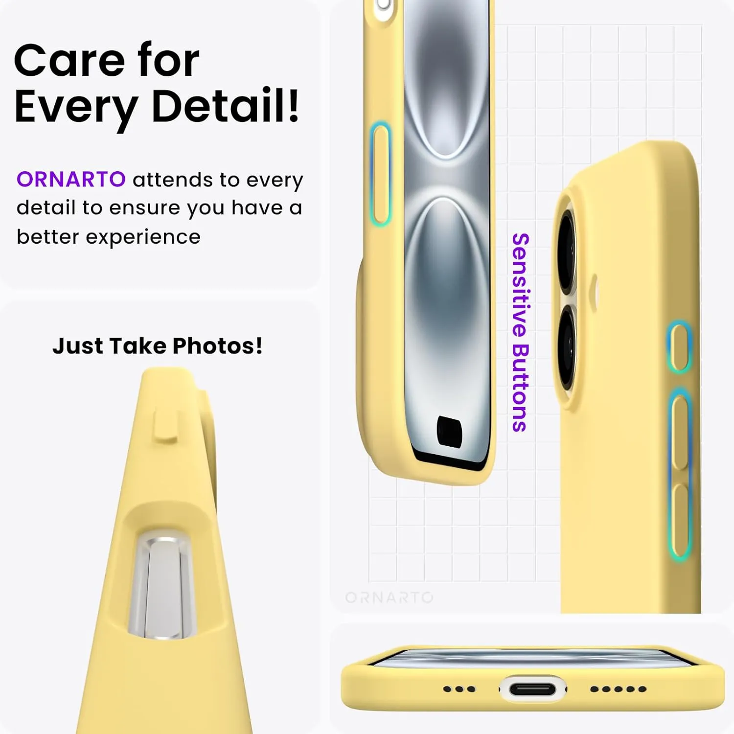 ORNARTO Compatible with iPhone 16 Case 6.1", Slim Liquid Silicone 3 Layers Full Covered Soft Gel Rubber Shockproof Phone Case, Protective Cover with Anti-Scratch Microfiber Lining-Buttercream Yellow