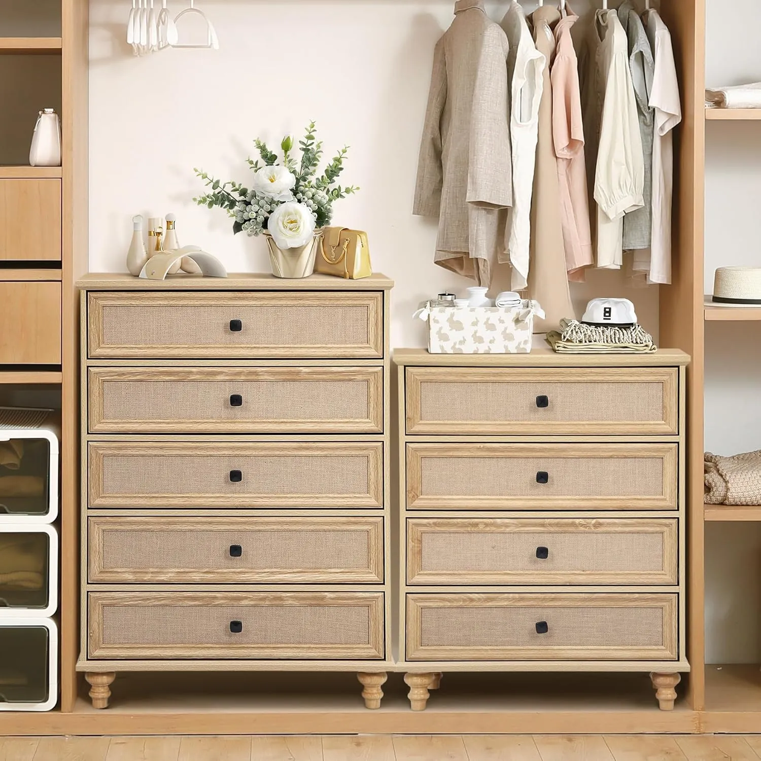 ORRD 4 Drawer Dresser for Bedroom, Mid Century Modern Wide Wood Rustic Chest of Drawers Wooden Storage Organizer Dressers with Burlap Rattan Drawers for Living Room, Hallway Closet, Entryway, Natural