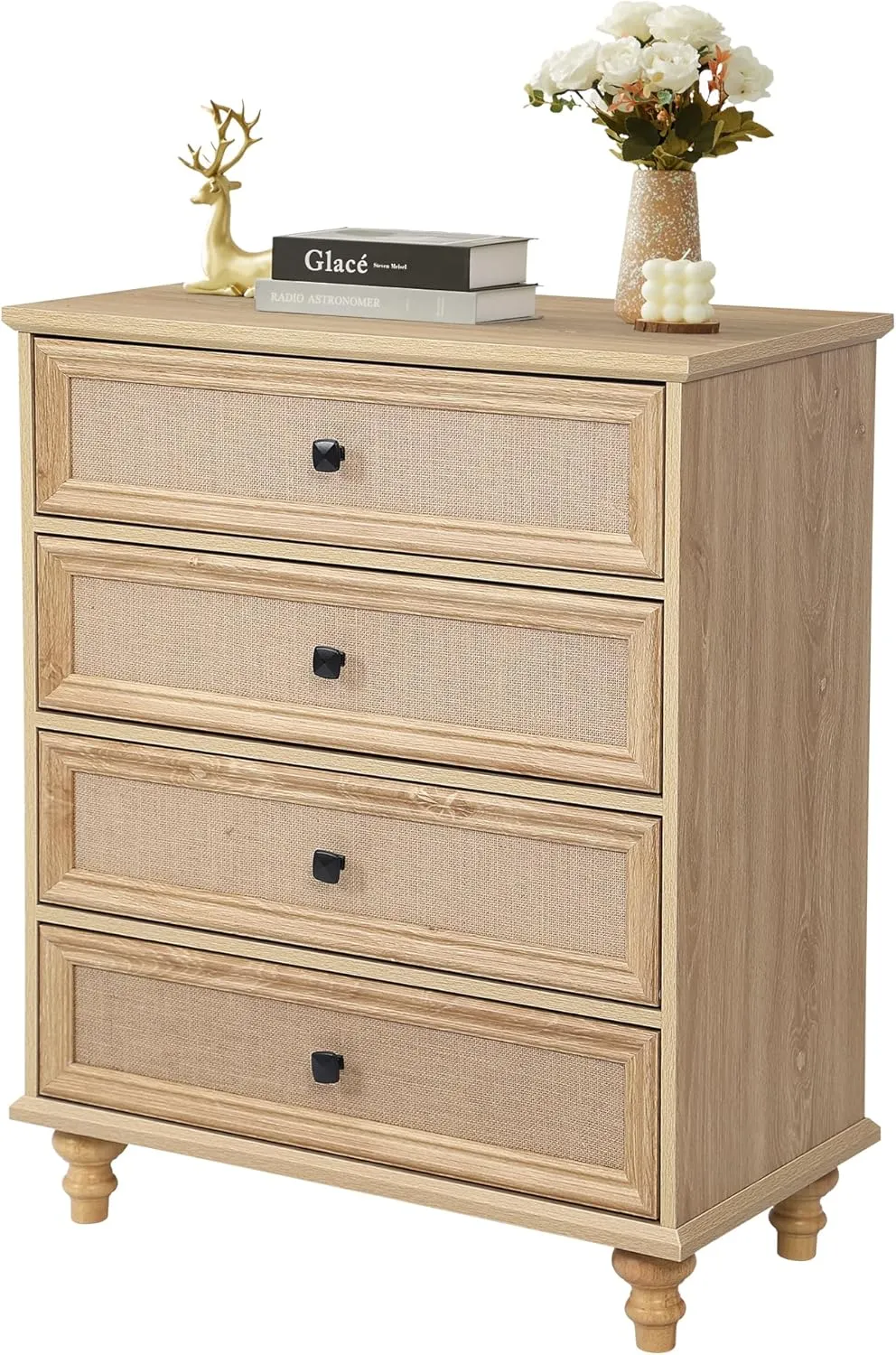 ORRD 4 Drawer Dresser for Bedroom, Mid Century Modern Wide Wood Rustic Chest of Drawers Wooden Storage Organizer Dressers with Burlap Rattan Drawers for Living Room, Hallway Closet, Entryway, Natural