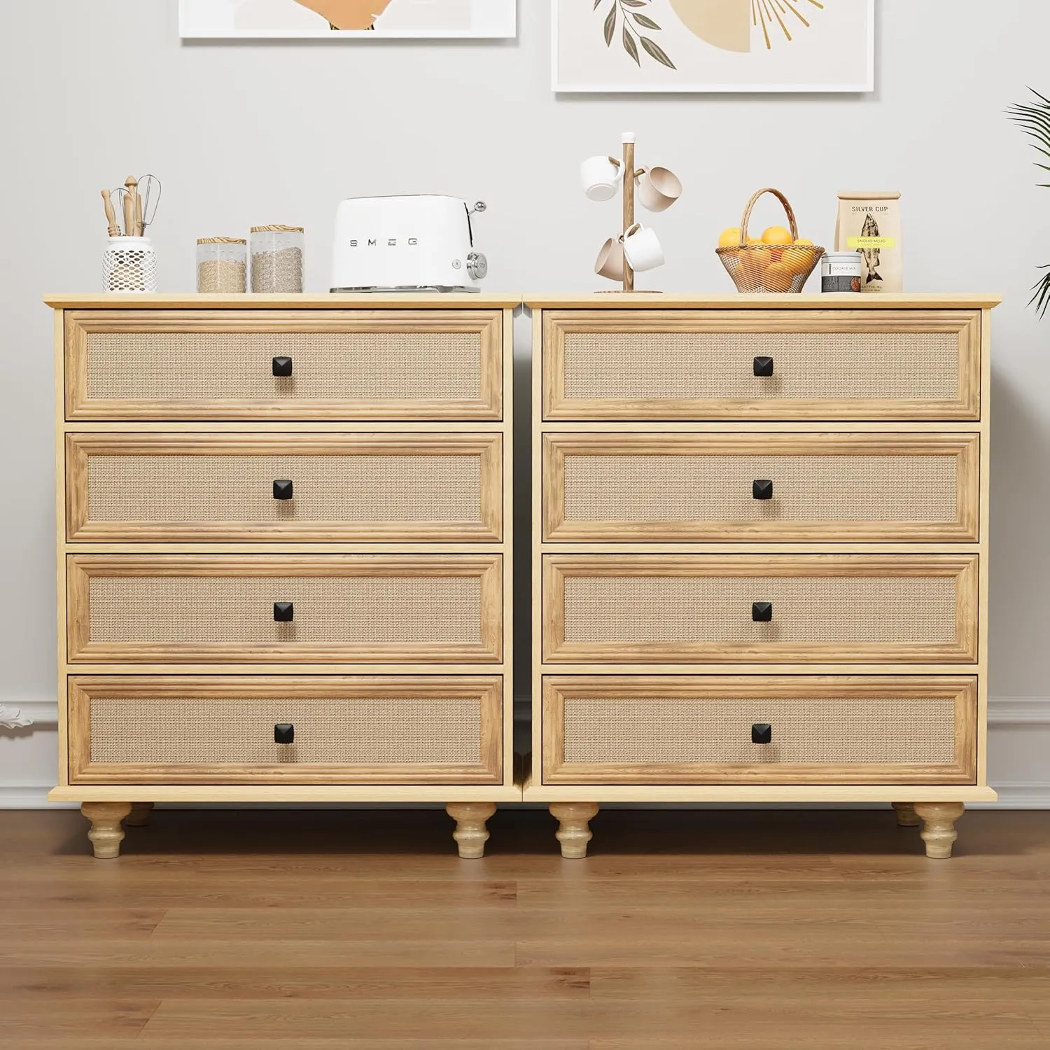 ORRD 4 Drawer Dresser for Bedroom, Mid Century Modern Wide Wood Rustic Chest of Drawers Wooden Storage Organizer Dressers with Burlap Rattan Drawers for Living Room, Hallway Closet, Entryway, Natural
