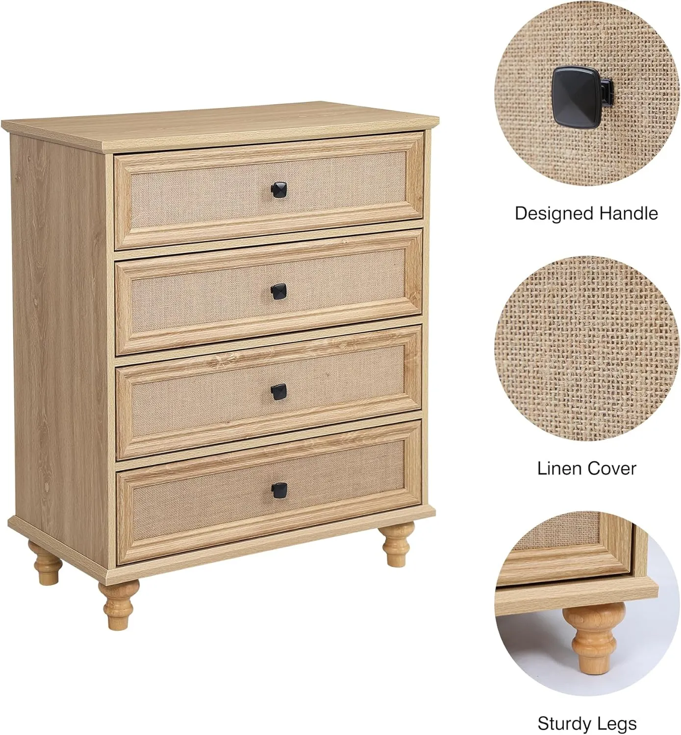 ORRD 4 Drawer Dresser for Bedroom, Mid Century Modern Wide Wood Rustic Chest of Drawers Wooden Storage Organizer Dressers with Burlap Rattan Drawers for Living Room, Hallway Closet, Entryway, Natural