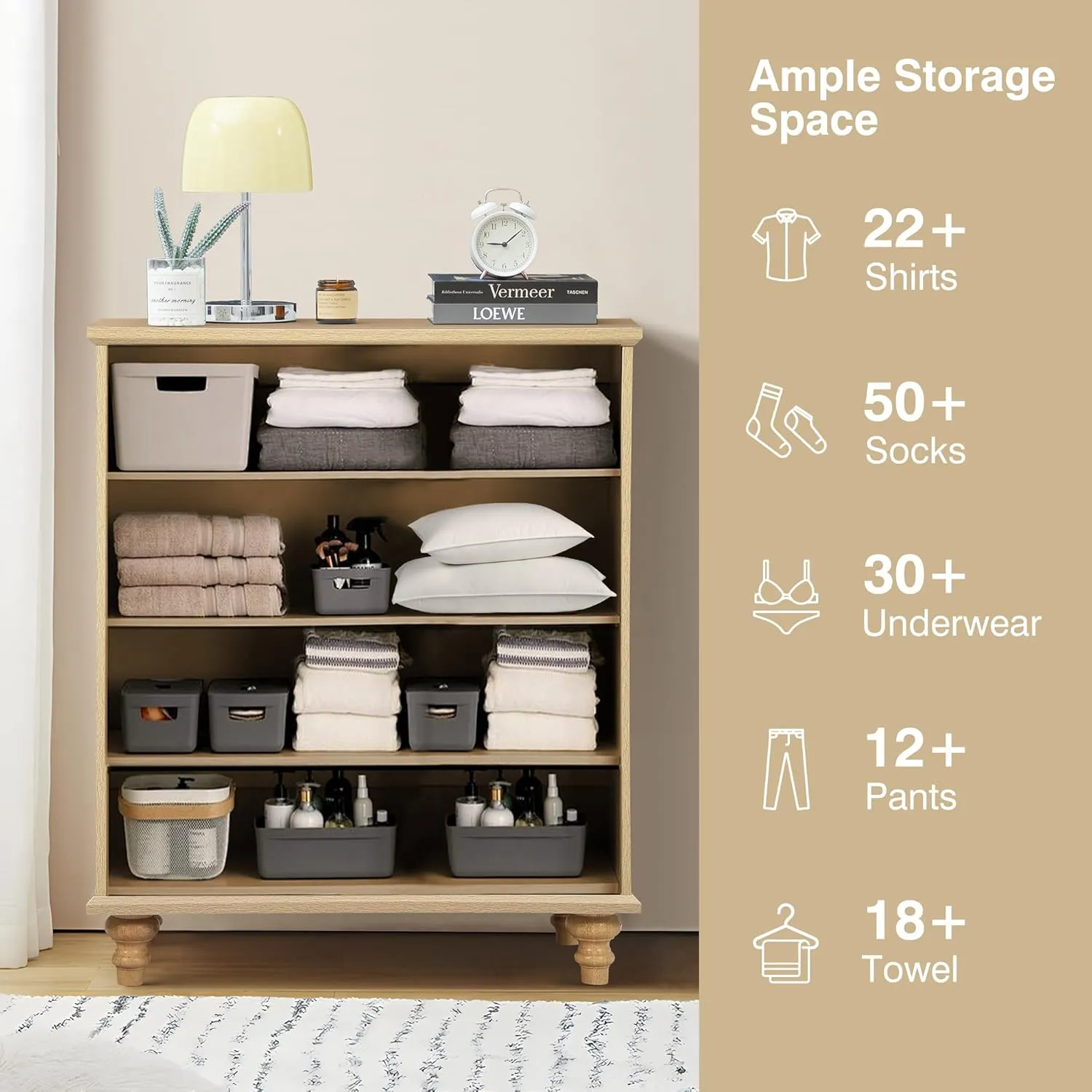 ORRD 4 Drawer Dresser for Bedroom, Mid Century Modern Wide Wood Rustic Chest of Drawers Wooden Storage Organizer Dressers with Burlap Rattan Drawers for Living Room, Hallway Closet, Entryway, Natural