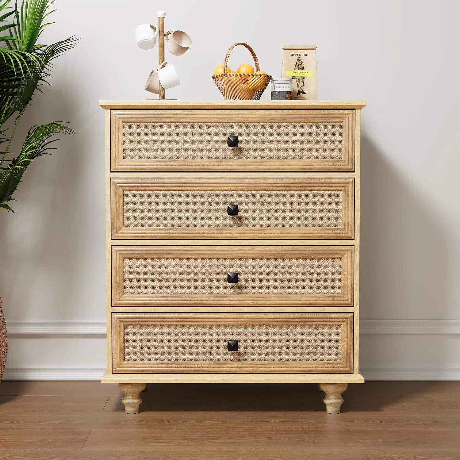 ORRD 4 Drawer Dresser for Bedroom, Mid Century Modern Wide Wood Rustic Chest of Drawers Wooden Storage Organizer Dressers with Burlap Rattan Drawers for Living Room, Hallway Closet, Entryway, Natural