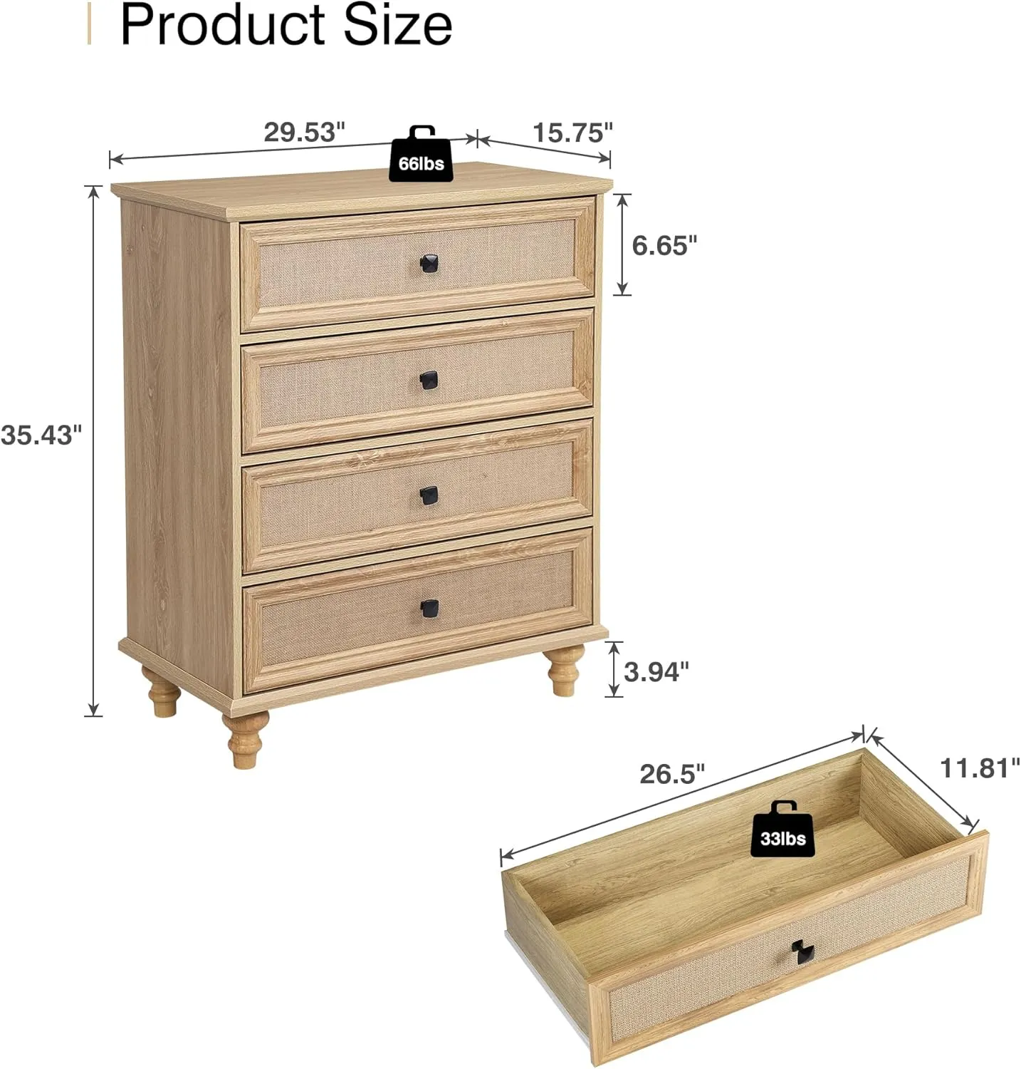 ORRD 4 Drawer Dresser for Bedroom, Mid Century Modern Wide Wood Rustic Chest of Drawers Wooden Storage Organizer Dressers with Burlap Rattan Drawers for Living Room, Hallway Closet, Entryway, Natural