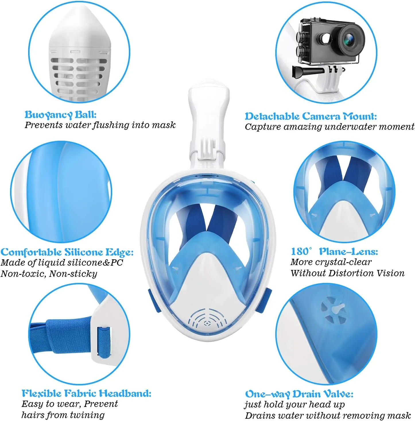 Oumers Kids Full Face Snorkel Mask, 180 Panoramic View Snorkeling Mask Set with Safety Free-Breathing System, Detachable Camera Mount Anti-Fog Anti-Leak