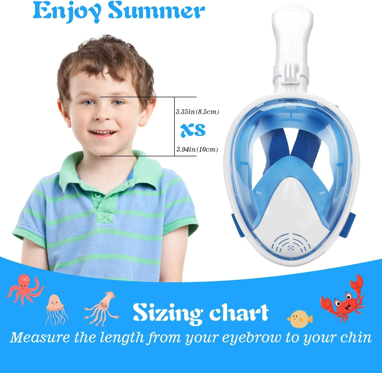 Oumers Kids Full Face Snorkel Mask, 180 Panoramic View Snorkeling Mask Set with Safety Free-Breathing System, Detachable Camera Mount Anti-Fog Anti-Leak