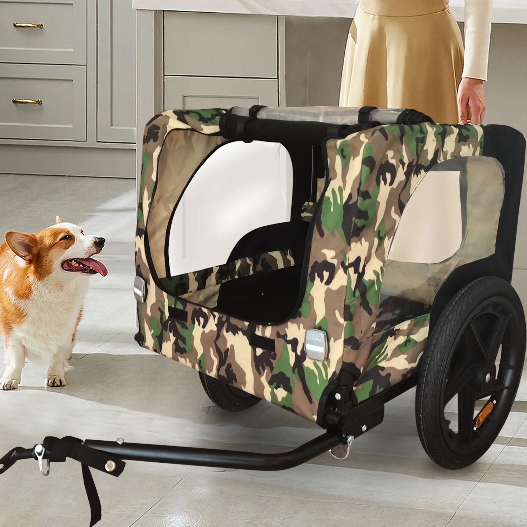 Outdoor Heavy Duty Foldable Utility Pet Stroller Dog Carriers Bicycle Trailer - Army Green