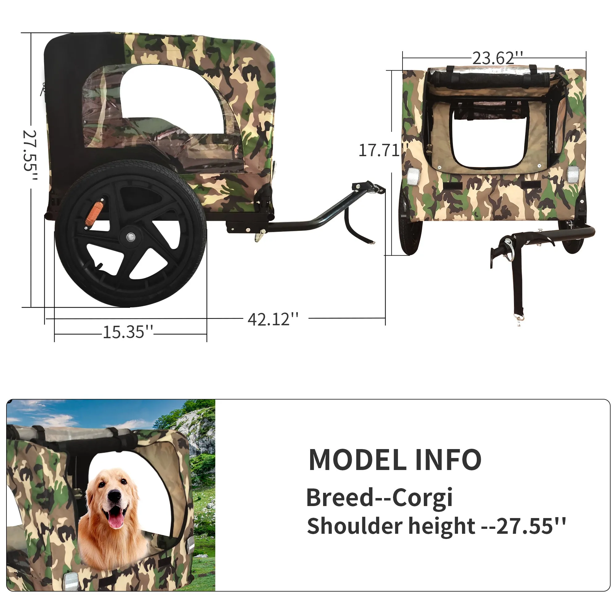 Outdoor Heavy Duty Foldable Utility Pet Stroller Dog Carriers Bicycle Trailer - Army Green
