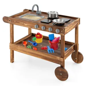Outdoor Movable Mud Kitchen with 2 Rolling Wheels and 1 Push Handle-Natural - Co