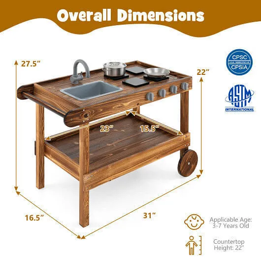 Outdoor Movable Mud Kitchen with 2 Rolling Wheels and 1 Push Handle-Natural - Co