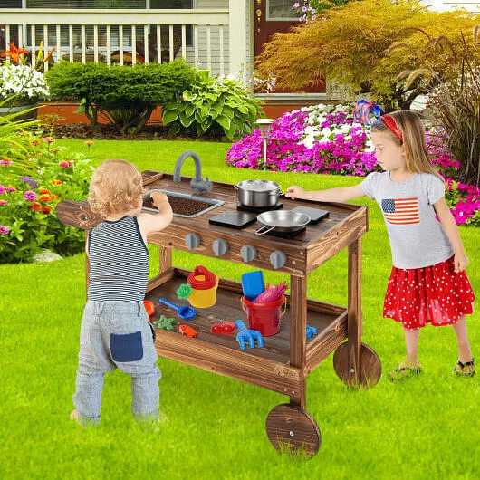 Outdoor Movable Mud Kitchen with 2 Rolling Wheels and 1 Push Handle-Natural - Co