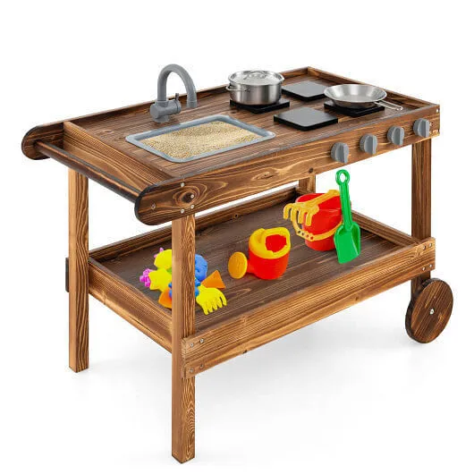 Outdoor Movable Mud Kitchen with 2 Rolling Wheels and 1 Push Handle-Natural - Co