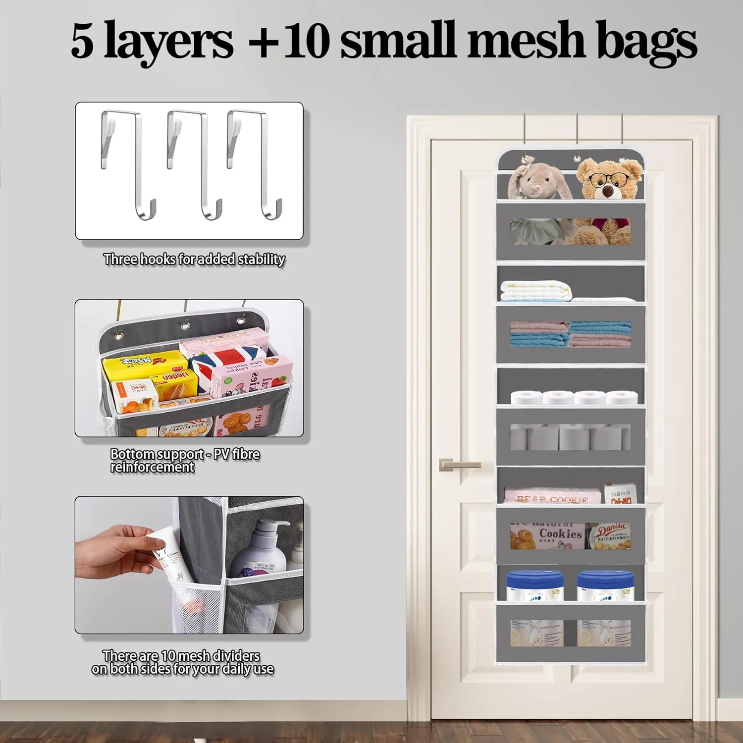 Over The Door Organizer, 5 Shelves Closet Door Hanging Organizer with 10 Mesh Pockets, Stuffed Animal Storage for Nursery, Baby Essentials, Dorm Room Essentials for Girls