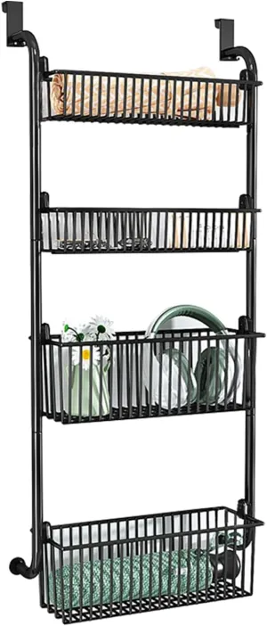 Over The Door Organizer, Metal Behind Door Hanging Storage, Toys Umbrellas Bags Organizer Rack, Large Capacity Organizer for Bedroom Bathroom Kitchen Pantry Closet Cabinet (Black,Four-Tier)