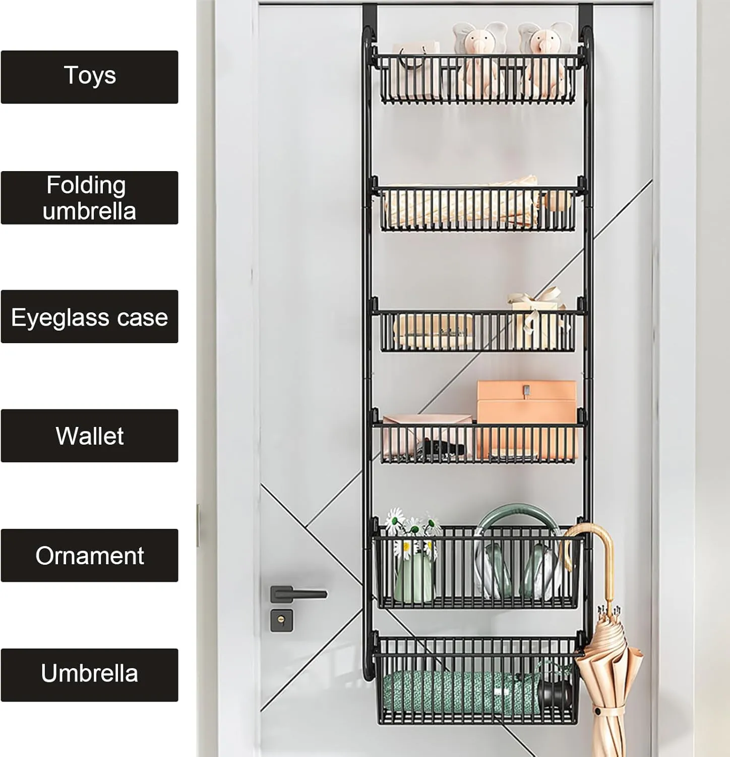 Over The Door Organizer, Metal Behind Door Hanging Storage, Toys Umbrellas Bags Organizer Rack, Large Capacity Organizer for Bedroom Bathroom Kitchen Pantry Closet Cabinet (Black,Four-Tier)