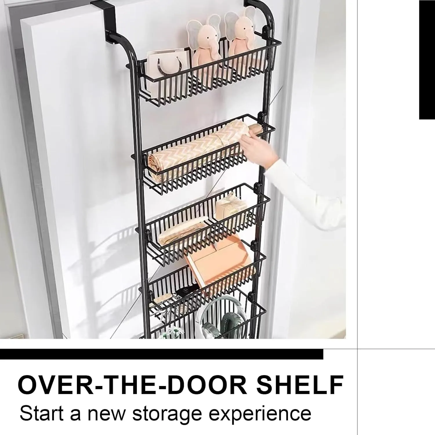 Over The Door Organizer, Metal Behind Door Hanging Storage, Toys Umbrellas Bags Organizer Rack, Large Capacity Organizer for Bedroom Bathroom Kitchen Pantry Closet Cabinet (Black,Four-Tier)