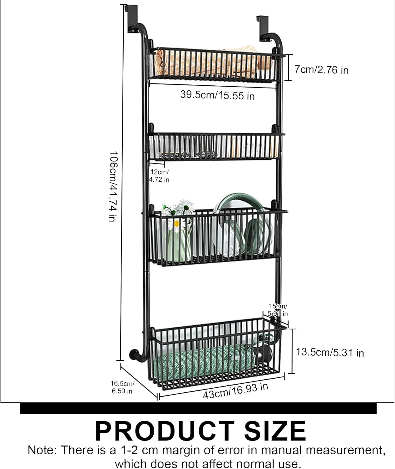 Over The Door Organizer, Metal Behind Door Hanging Storage, Toys Umbrellas Bags Organizer Rack, Large Capacity Organizer for Bedroom Bathroom Kitchen Pantry Closet Cabinet (Black,Four-Tier)