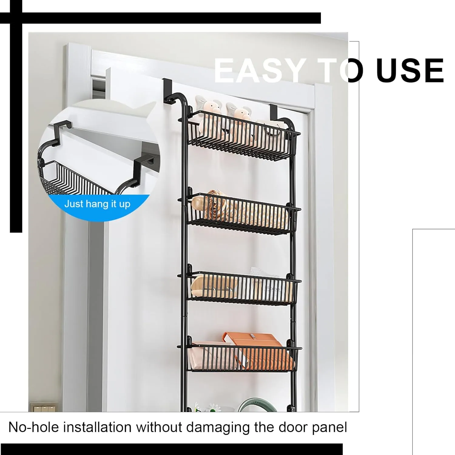 Over The Door Organizer, Metal Behind Door Hanging Storage, Toys Umbrellas Bags Organizer Rack, Large Capacity Organizer for Bedroom Bathroom Kitchen Pantry Closet Cabinet (Black,Four-Tier)