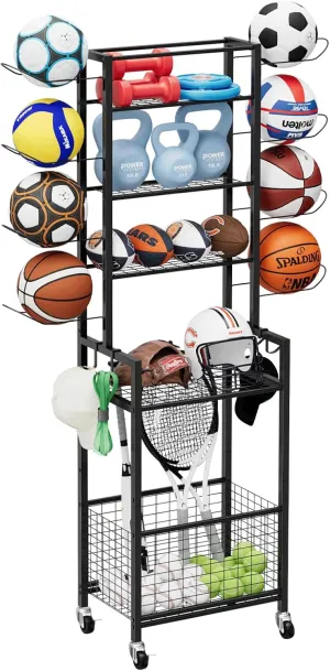 OYEAL Garage Ball Storage Rack Black Basketball Holder Stand with Wheels & Baskets, Outdoor/Indoor Sports Equipment Organizer for Basketball, Soccer, Volleyball, Football