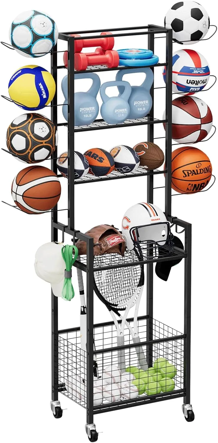OYEAL Garage Ball Storage Rack Black Basketball Holder Stand with Wheels & Baskets, Outdoor/Indoor Sports Equipment Organizer for Basketball, Soccer, Volleyball, Football