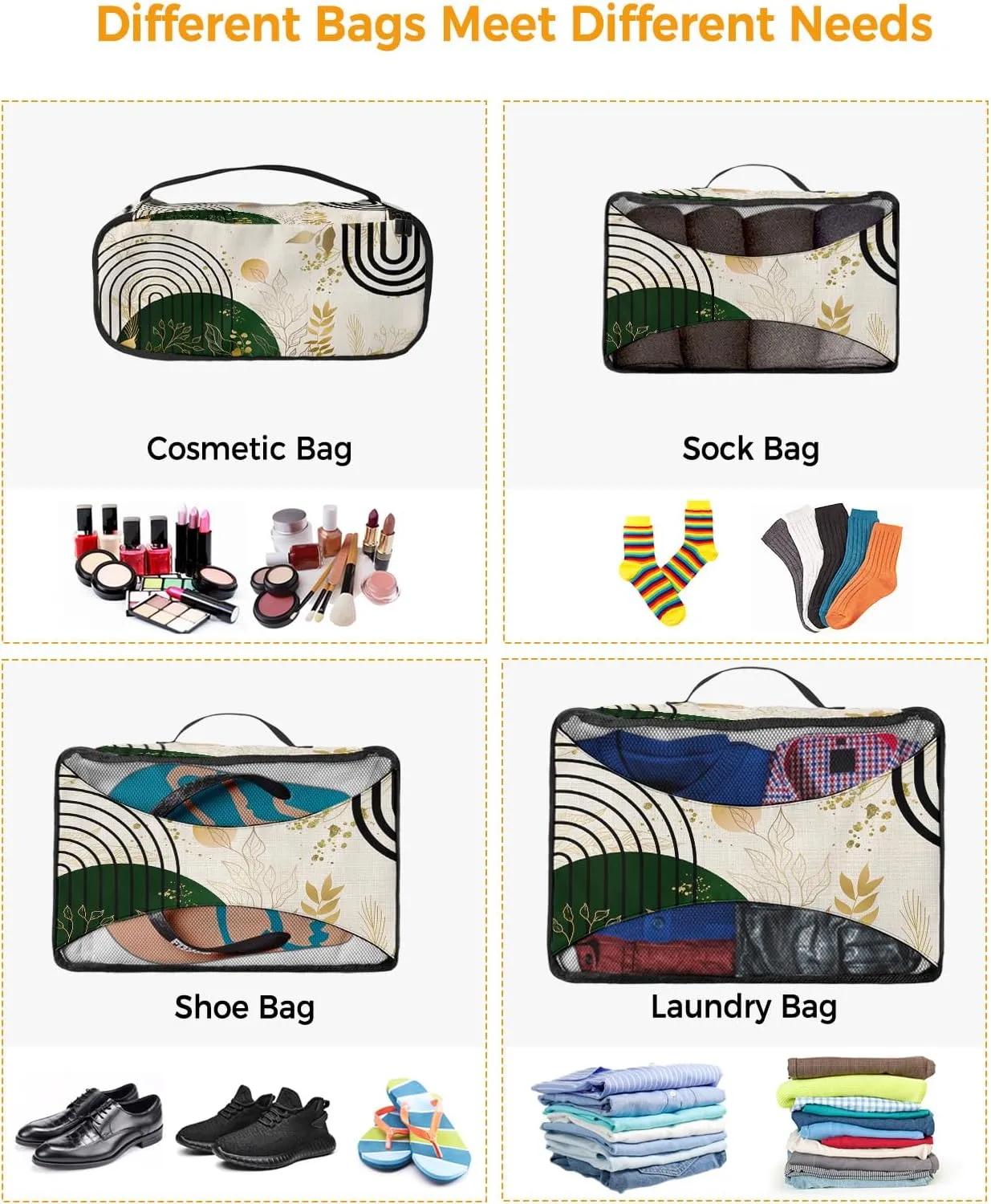 Packing Cubes for Travel, 4 Set Travel Packing Organized Cubes Boho Abstract Leaf Plant Bohemian Beige Linen Waterproof Luggage Organizer with Laundry Bag Travel Accessories for Carry On Suitcases