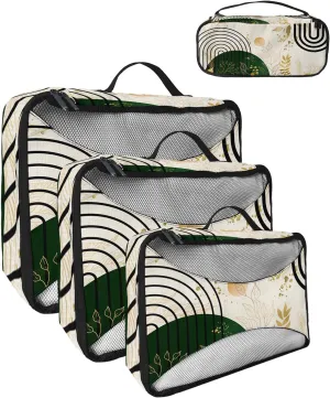 Packing Cubes for Travel, 4 Set Travel Packing Organized Cubes Boho Abstract Leaf Plant Bohemian Beige Linen Waterproof Luggage Organizer with Laundry Bag Travel Accessories for Carry On Suitcases