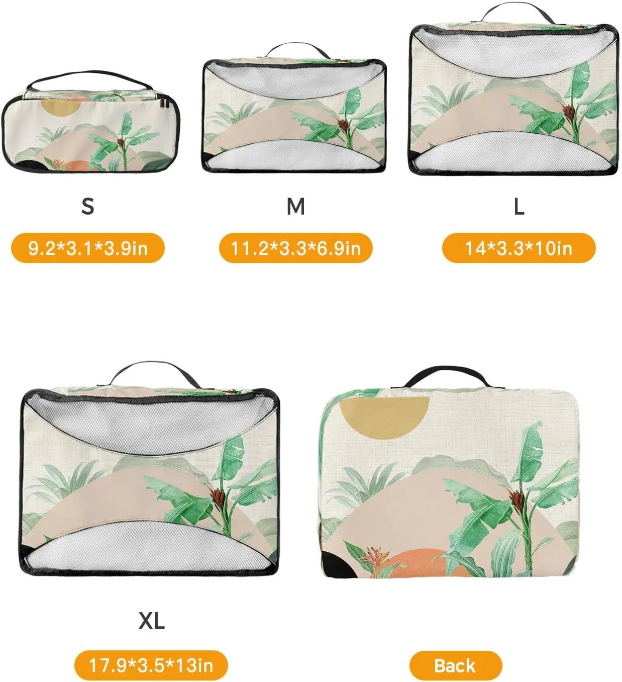 Packing Cubes for Travel, 4 Set Travel Packing Organized Cubes Boho Abstract Sun Mountain Plant Bohemian Linen Waterproof Luggage Organizer with Laundry Bag Travel Accessories for Carry On Suitcases