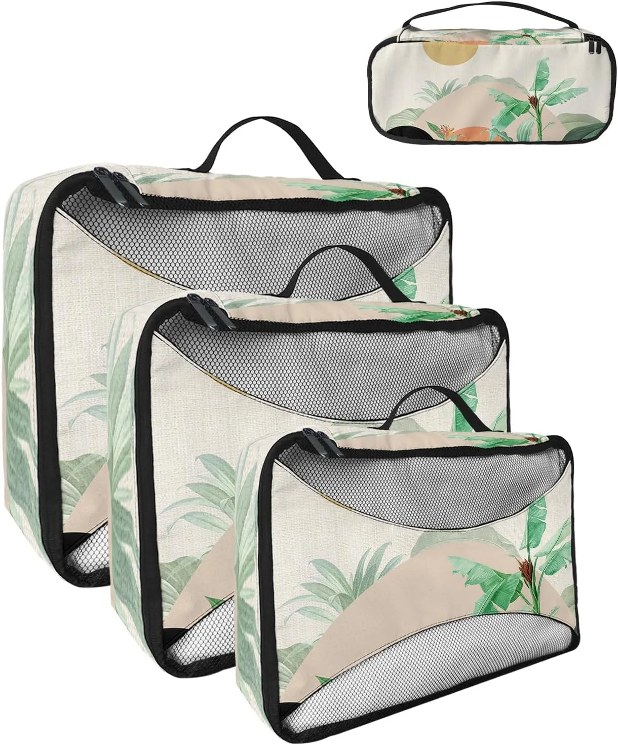 Packing Cubes for Travel, 4 Set Travel Packing Organized Cubes Boho Abstract Sun Mountain Plant Bohemian Linen Waterproof Luggage Organizer with Laundry Bag Travel Accessories for Carry On Suitcases