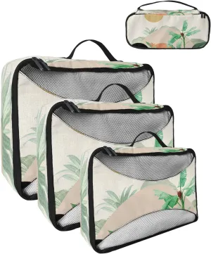 Packing Cubes for Travel, 4 Set Travel Packing Organized Cubes Boho Abstract Sun Mountain Plant Bohemian Linen Waterproof Luggage Organizer with Laundry Bag Travel Accessories for Carry On Suitcases