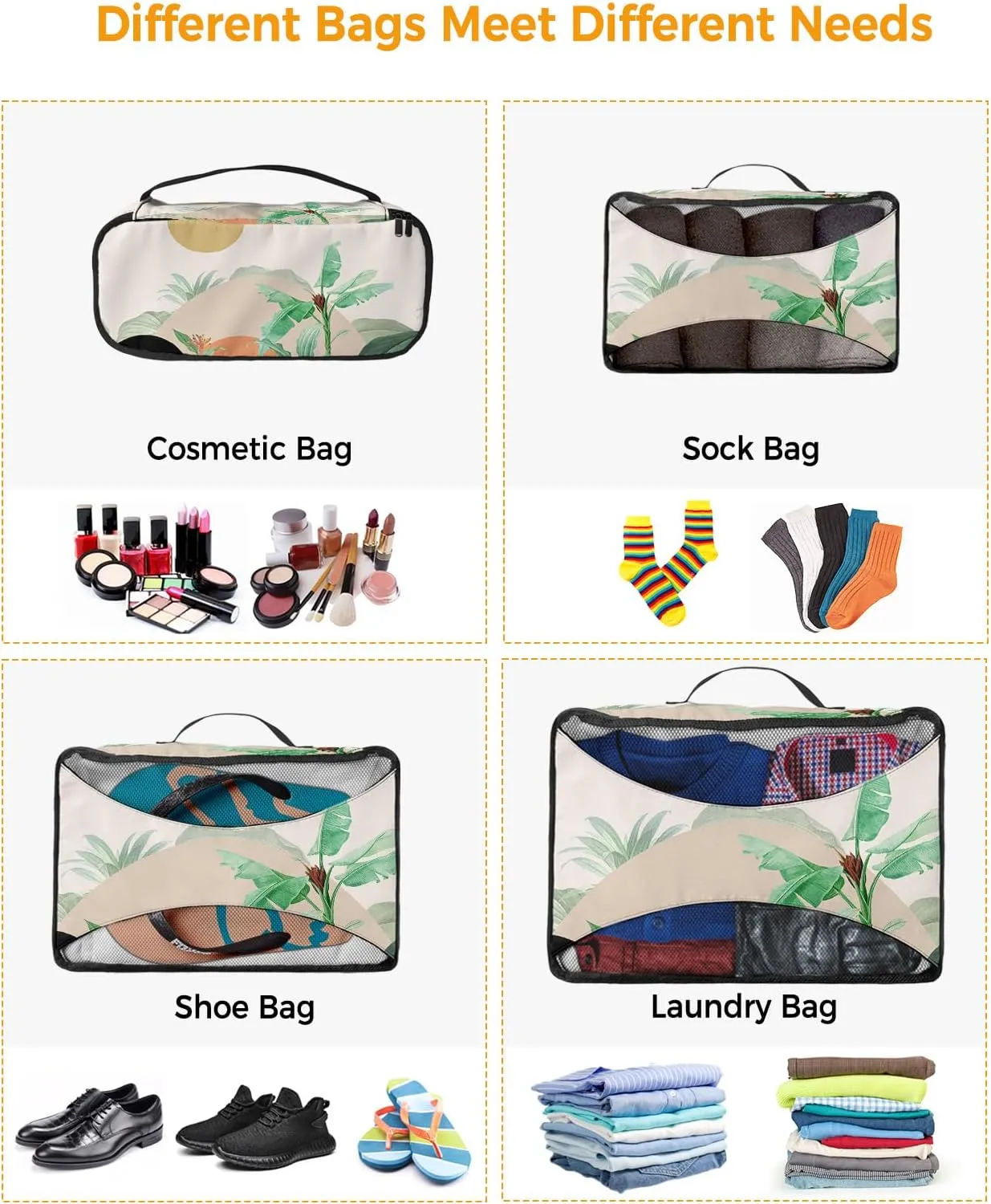 Packing Cubes for Travel, 4 Set Travel Packing Organized Cubes Boho Abstract Sun Mountain Plant Bohemian Waterproof Luggage Organizer Shoe Bag Travel Accessories for Carry On Suitcases