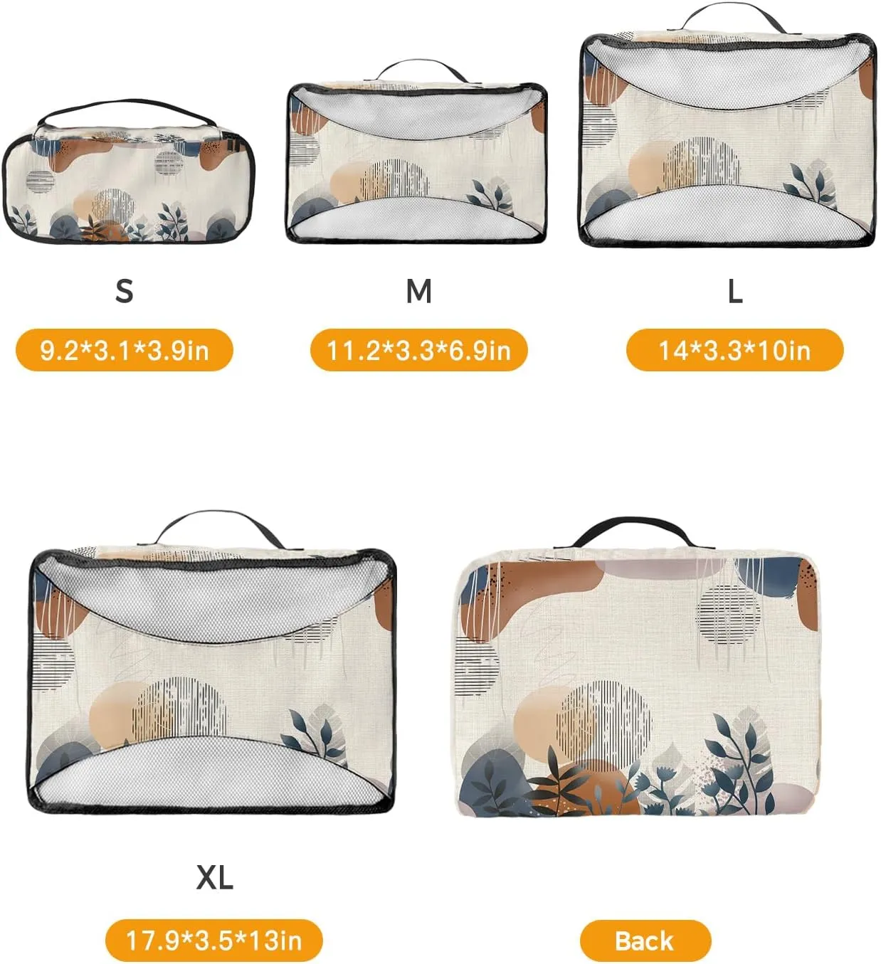 Packing Cubes for Travel, 4 Set Travel Packing Organized Cubes Boho Flower Leaf Plant Bohemian Abstract Geometric Linen Waterproof Luggage Organizer Travel Accessories for Carry On Suitcases