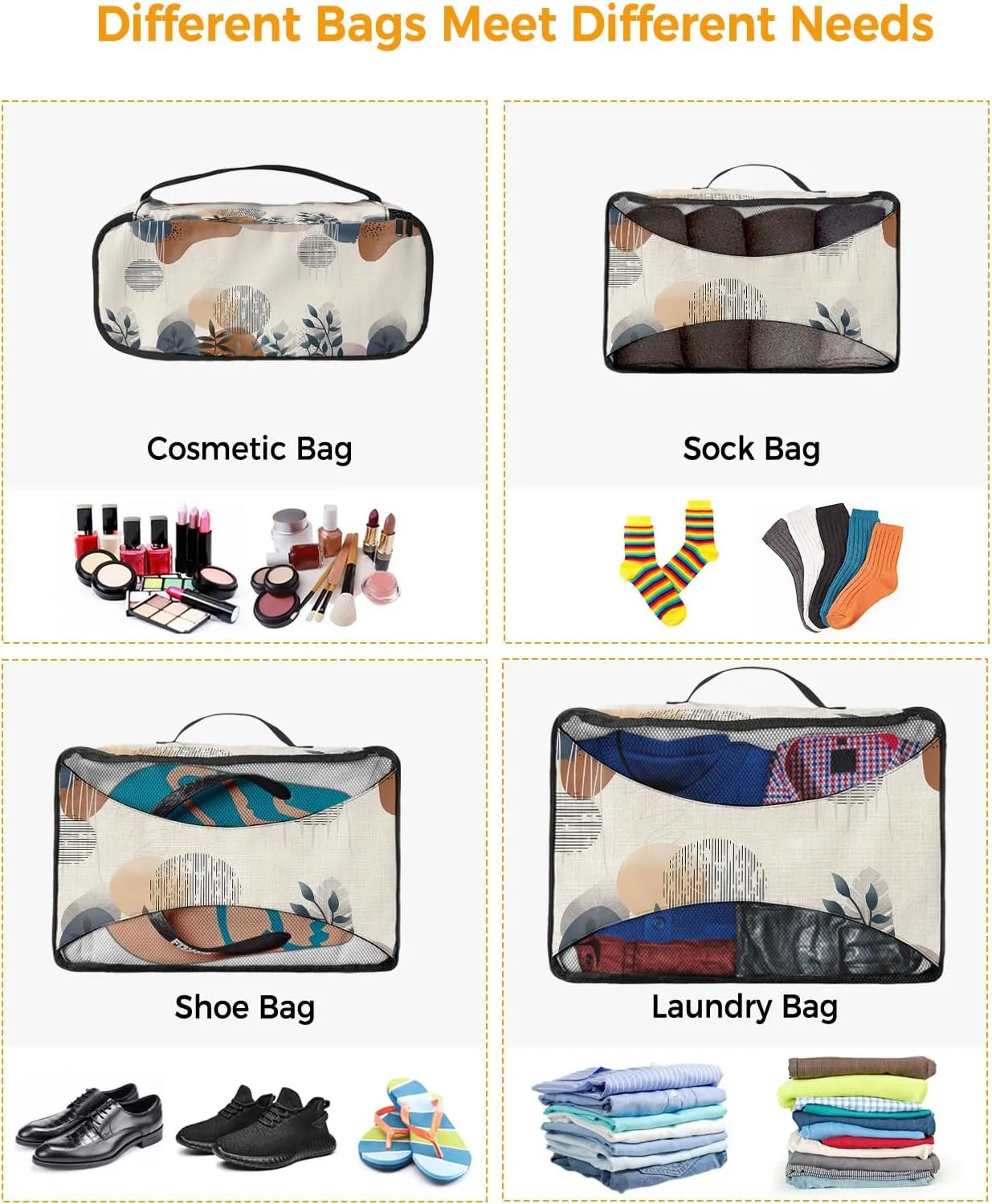 Packing Cubes for Travel, 4 Set Travel Packing Organized Cubes Boho Flower Leaf Plant Bohemian Abstract Geometric Linen Waterproof Luggage Organizer Travel Accessories for Carry On Suitcases