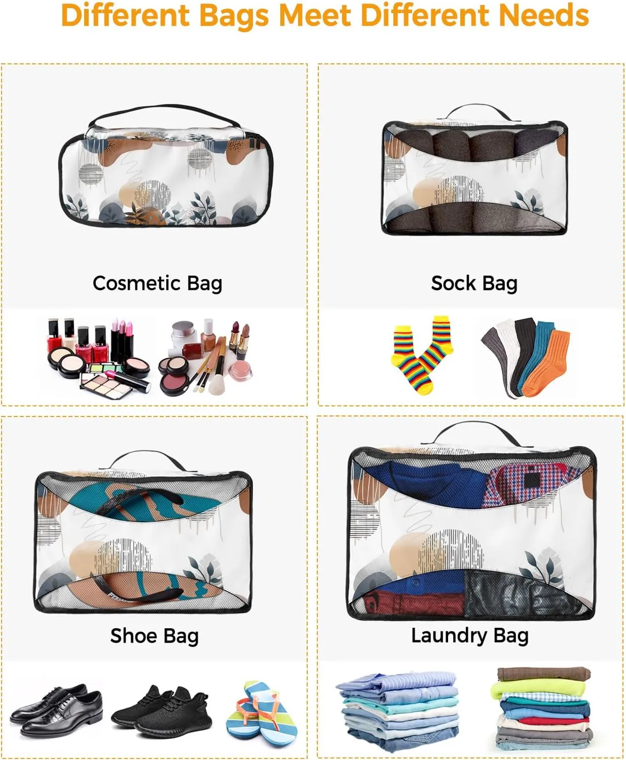 Packing Cubes for Travel, 4 Set Travel Packing Organized Cubes Boho Flower Leaf Plant Bohemian Abstract Geometric Waterproof Luggage Organizer Laundry Bag Travel Accessories for Carry On Suitcases