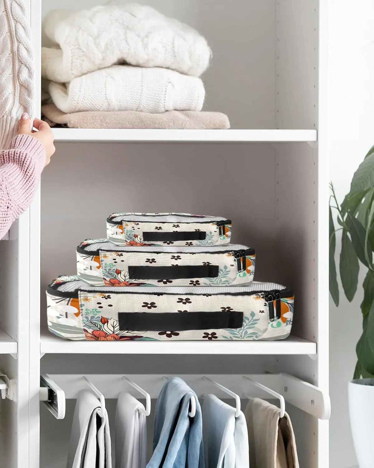 Packing Cubes for Travel, 4 Set Travel Packing Organized Cubes Boho Flower Plant Bohemian Abstract Floral Beige Linen Waterproof Luggage Organizer Shoe Bag Travel Accessories for Carry On Suitcases