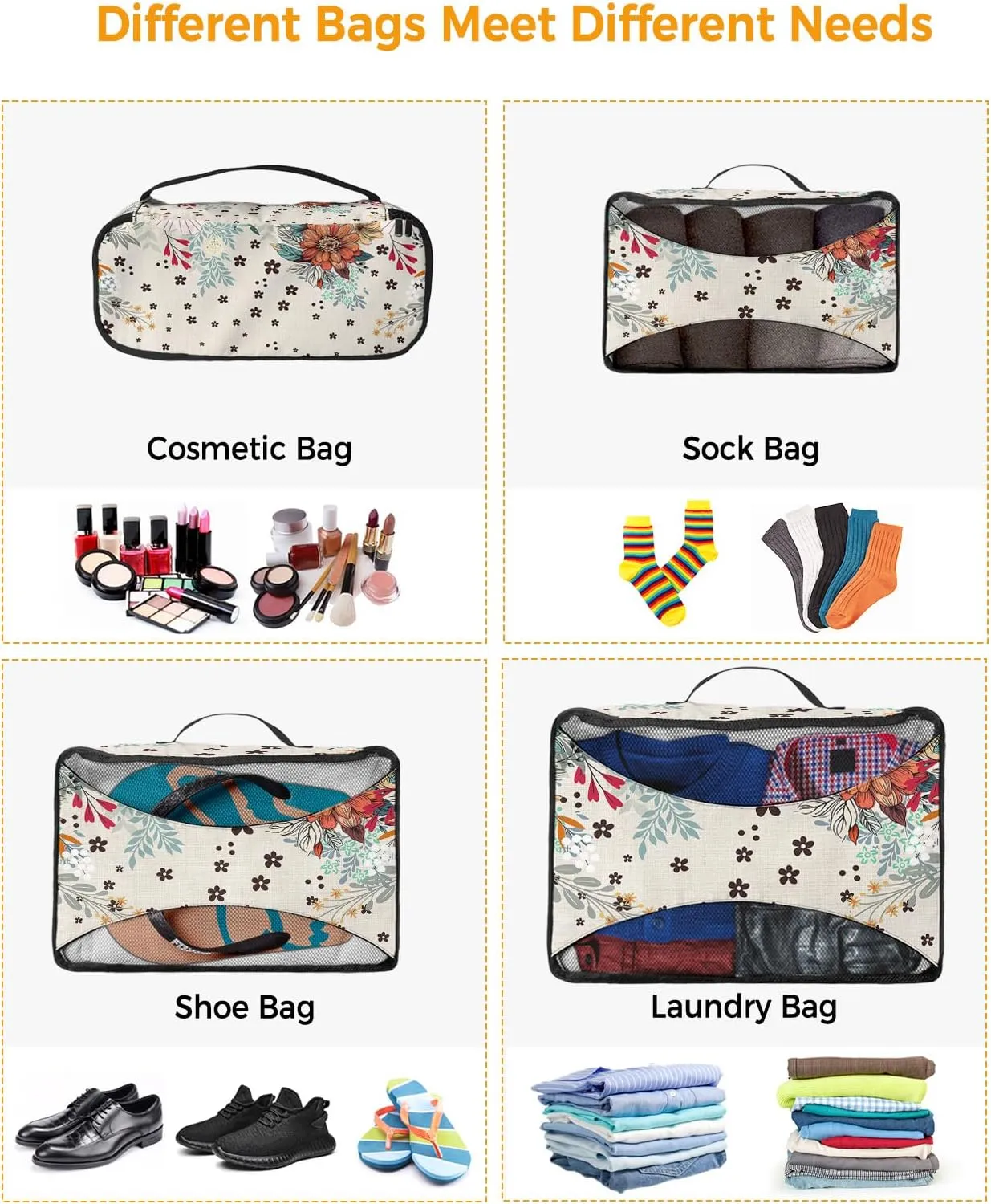 Packing Cubes for Travel, 4 Set Travel Packing Organized Cubes Boho Flower Plant Bohemian Abstract Floral Beige Linen Waterproof Luggage Organizer Shoe Bag Travel Accessories for Carry On Suitcases