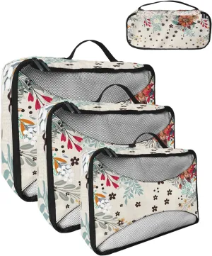 Packing Cubes for Travel, 4 Set Travel Packing Organized Cubes Boho Flower Plant Bohemian Abstract Floral Beige Linen Waterproof Luggage Organizer Shoe Bag Travel Accessories for Carry On Suitcases