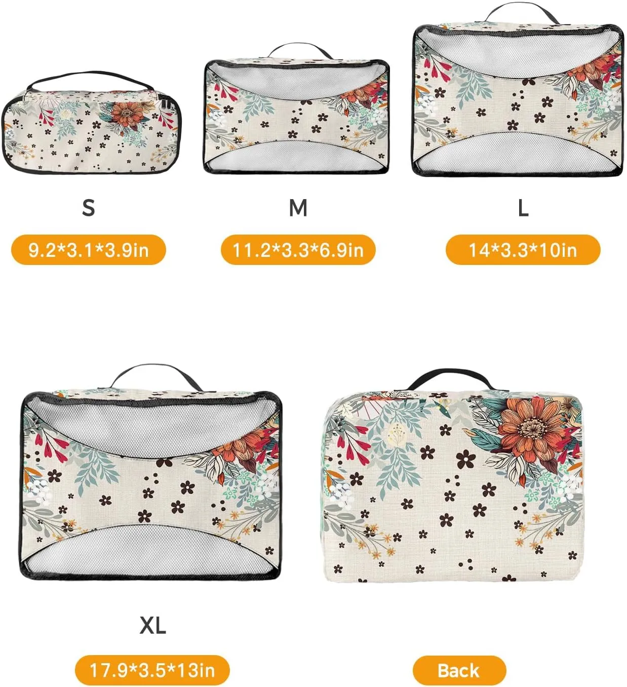 Packing Cubes for Travel, 4 Set Travel Packing Organized Cubes Boho Flower Plant Bohemian Abstract Floral Beige Linen Waterproof Luggage Organizer Shoe Bag Travel Accessories for Carry On Suitcases