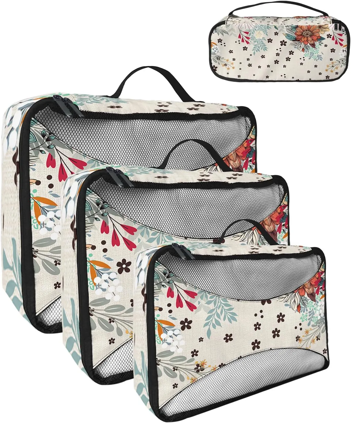 Packing Cubes for Travel, 4 Set Travel Packing Organized Cubes Boho Flower Plant Bohemian Abstract Floral Beige Linen Waterproof Luggage Organizer Shoe Bag Travel Accessories for Carry On Suitcases