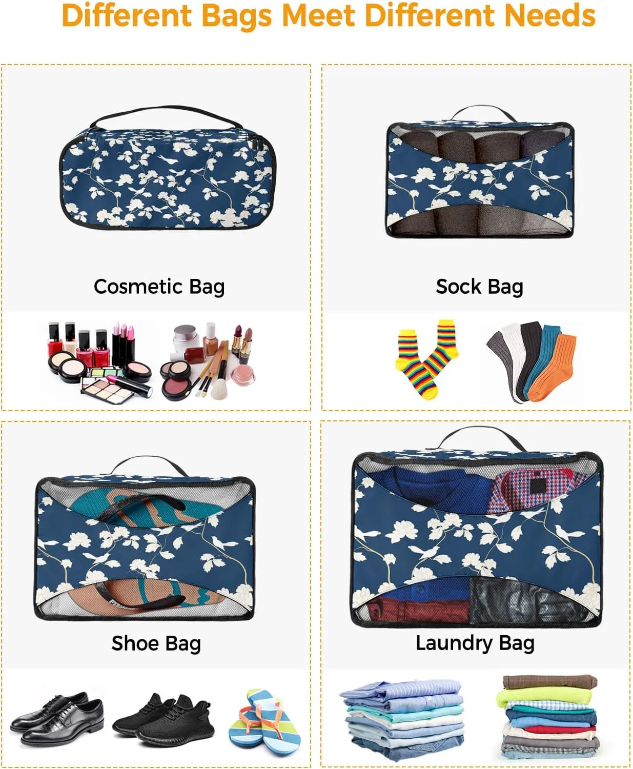 Packing Cubes for Travel, 4 Set Travel Packing Organized Cubes Floral Plant Birds Pattern Blue Waterproof Luggage Organizer with Laundry Bag Shoe Bag Travel Accessories for Carry On Suitcases