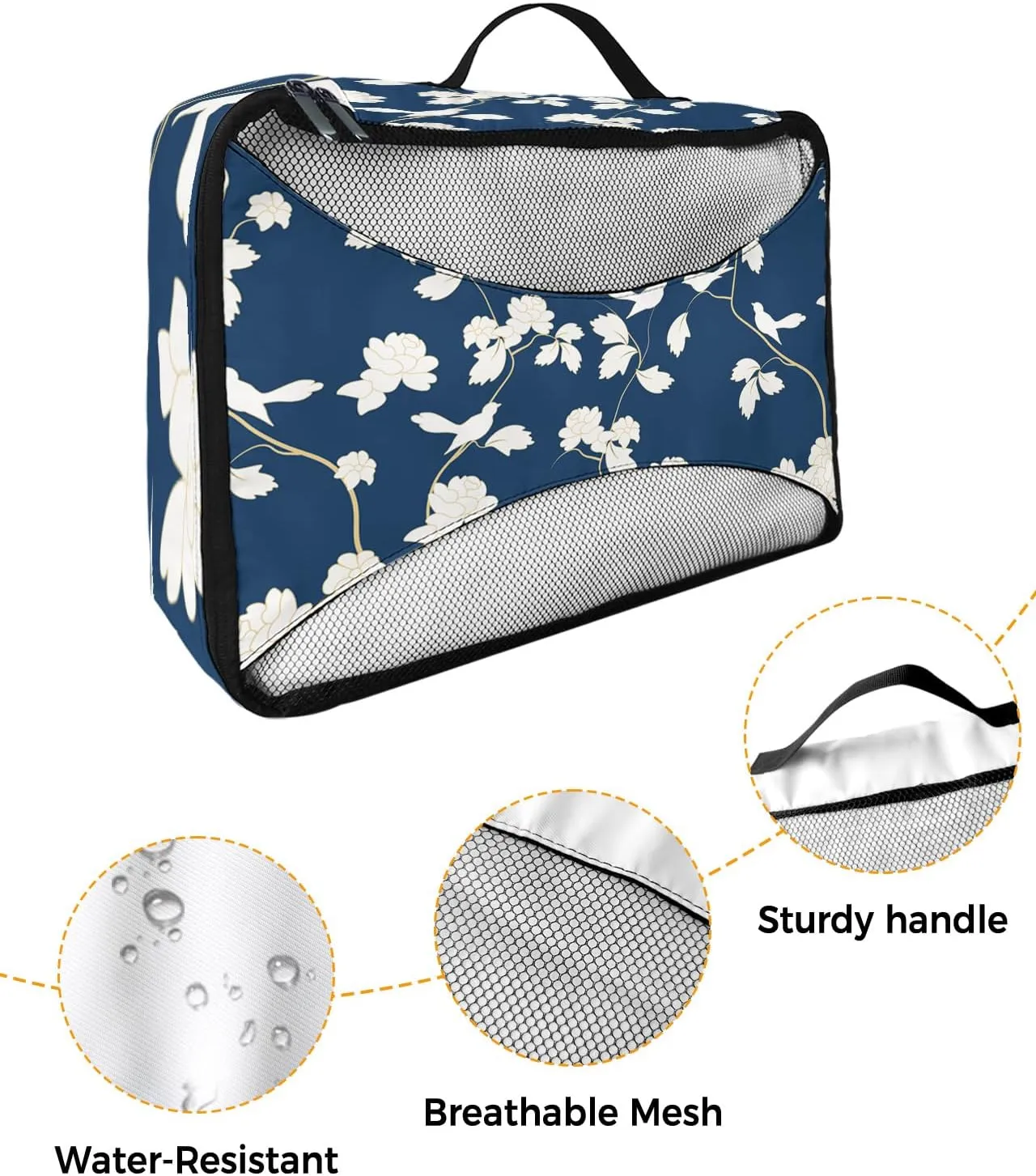 Packing Cubes for Travel, 4 Set Travel Packing Organized Cubes Floral Plant Birds Pattern Blue Waterproof Luggage Organizer with Laundry Bag Shoe Bag Travel Accessories for Carry On Suitcases