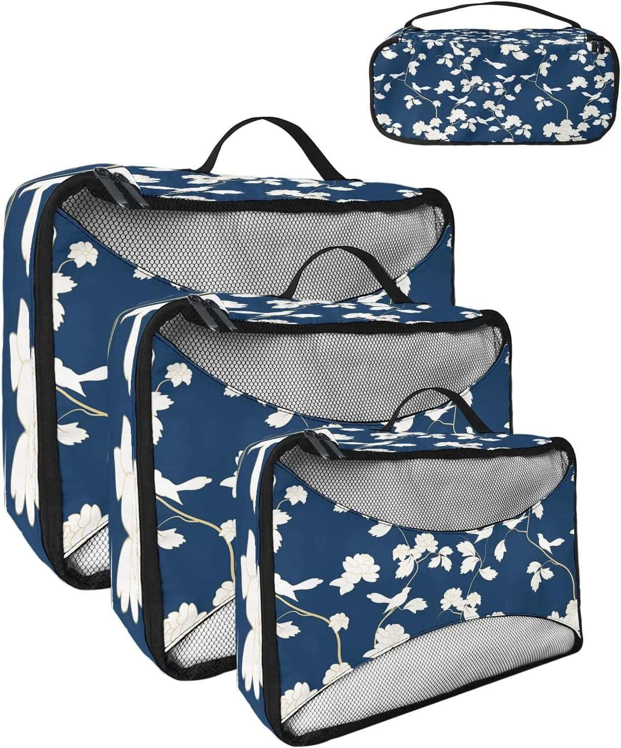 Packing Cubes for Travel, 4 Set Travel Packing Organized Cubes Floral Plant Birds Pattern Blue Waterproof Luggage Organizer with Laundry Bag Shoe Bag Travel Accessories for Carry On Suitcases