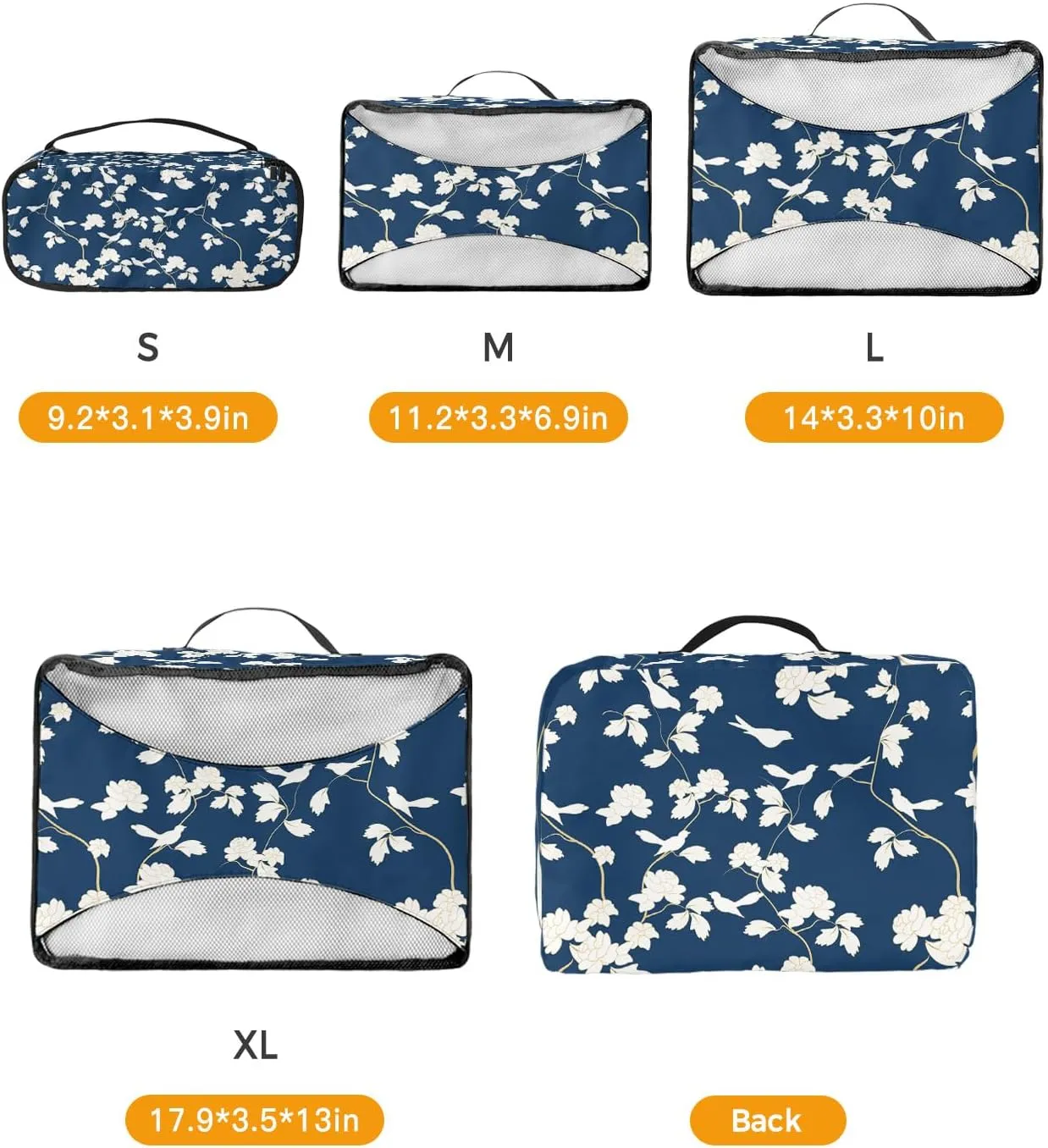 Packing Cubes for Travel, 4 Set Travel Packing Organized Cubes Floral Plant Birds Pattern Blue Waterproof Luggage Organizer with Laundry Bag Shoe Bag Travel Accessories for Carry On Suitcases