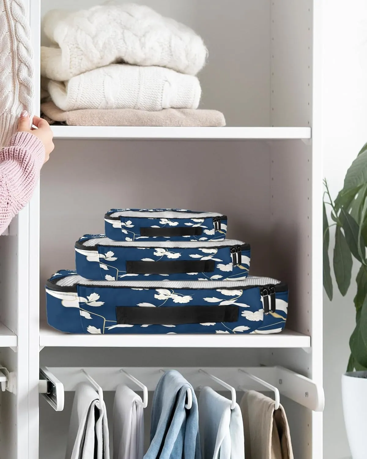 Packing Cubes for Travel, 4 Set Travel Packing Organized Cubes Floral Plant Birds Pattern Blue Waterproof Luggage Organizer with Laundry Bag Shoe Bag Travel Accessories for Carry On Suitcases