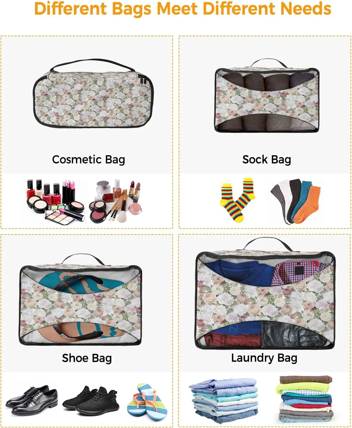 Packing Cubes for Travel, 4 Set Travel Packing Organized Cubes Floral Plant Leaves Hand Painted Style Linen Texture Waterproof Luggage Organizer Laundry Bag Travel Accessories for Carry On Suitcases