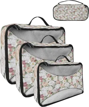 Packing Cubes for Travel, 4 Set Travel Packing Organized Cubes Floral Plant Leaves Hand Painted Style Linen Texture Waterproof Luggage Organizer Laundry Bag Travel Accessories for Carry On Suitcases