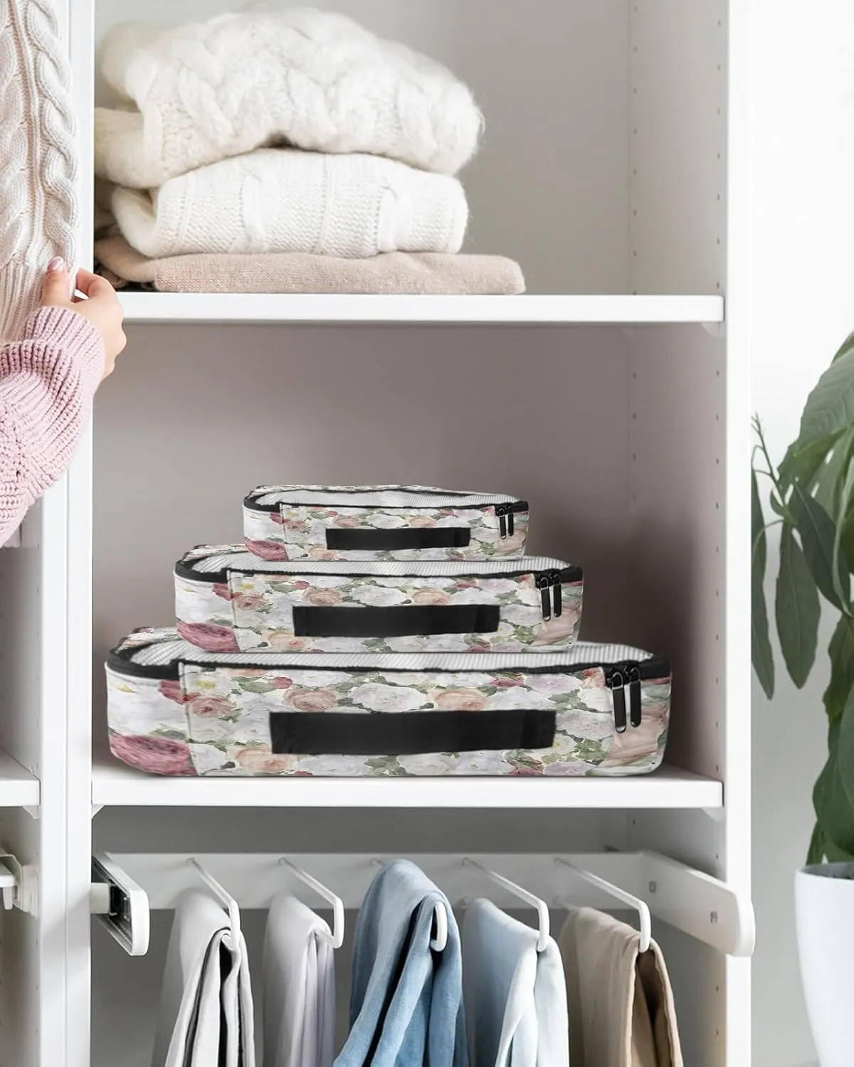 Packing Cubes for Travel, 4 Set Travel Packing Organized Cubes Floral Plant Leaves Hand Painted Style Linen Texture Waterproof Luggage Organizer Laundry Bag Travel Accessories for Carry On Suitcases